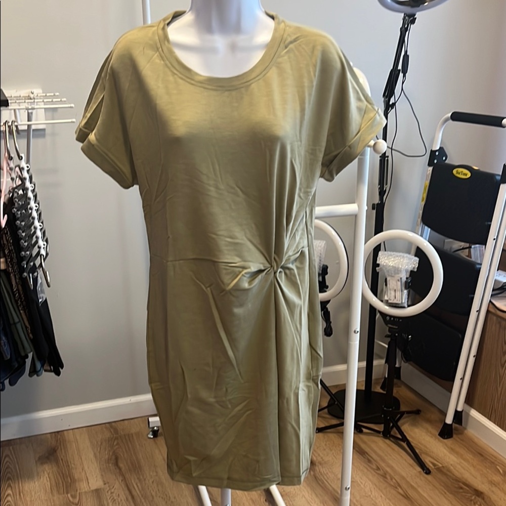 Olive Green Women's Adorable T-Shirt Dress With Ruching On Side